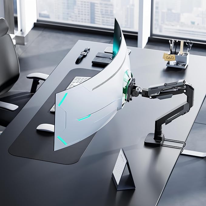 ARES WING Heavy Duty Ultrawide Monitor Arm - Gas Spring Aluminum Monitor Mount with USB for 24"-57" Curved Screens up to 66 lbs with Clamp/Grommet Desk Mount, 75/100/200 Vesa Mount, Black