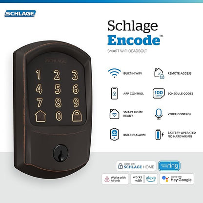 SCHLAGE BE489WB GRW 716 Encode WiFi Deadbolt Smart Lock, Keyless Entry Touchscreen Door Lock with Greenwich Trim, Aged Bronze