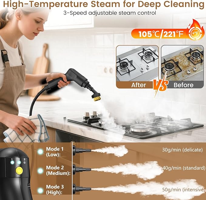 2500W Handheld Steam Cleaner, 3-Level Adjustable Steam Cleaner for Home with 21 Accessories, Multipurpose Portable Steamer Cleaning for Car,Floor,Furniture,Tile,Grout,Couch,Fast Heat-Up (Green)