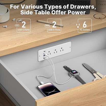 CCCEI 6 Outlets Dual Side Recessed Power Strip with USB C Ports, Furniture Flush Mount, Under Desk, Desk Top Multiple Outlets, Hidden Charging Station for Conference Table, Nightstand, White. 10FT.