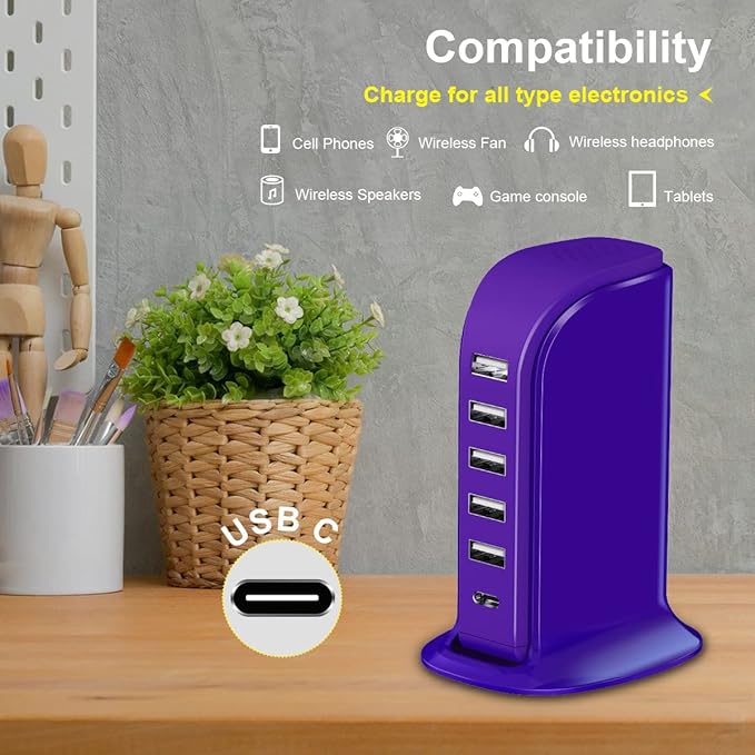 iPhone Charger Fast Charging Upoy, Multi Device USB Charging Station, 6 Ports USB Blocks, Power Adapter 1 USB C + 5 USB A Ports, Kawaii Electronics Accessories, Essentials for Travel, Vacation, Home