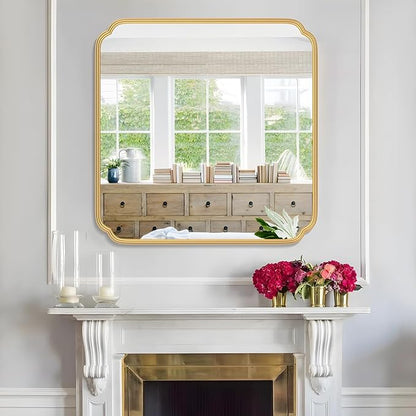 Gold Bathroom Mirror for Wall 36" x 36" Square Bathroom Vanity Mirror Farmhouse, Large Rounded Rectangle Mirror, Anti-Rust, Tempered Glass, Hangs Horizontally or Vertically
