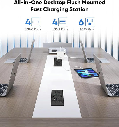 45W Recessed Power Strip, Flush Mounted Surge Protector(1200J) with 6 AC Outlets & 8 USB Ports(4 USB-C), 45°Flat Plug, 6FT Flat Power Cord(Black)