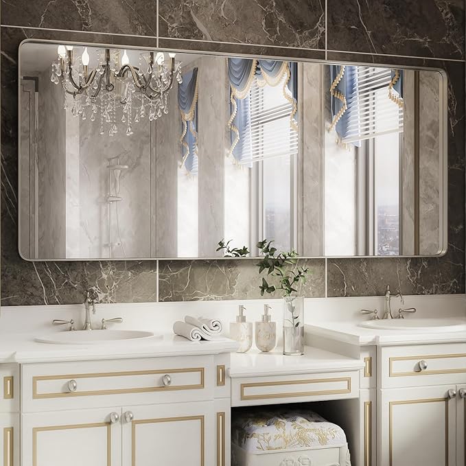 ISKM Large Bathroom Vanity Mirror, 72 x 32 Inch Mirror for Wall Brushed Silver Metal Frame Rectangular Wall Mounted Minimalist Farmhouse Home Decor Hangs Horizontal or Vertical