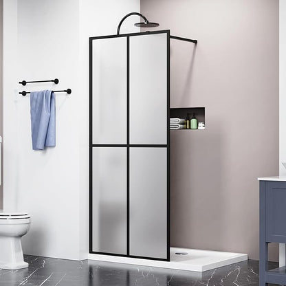 Goodyo 34"- 46" x 72" Glass Shower Door Clear Tempered Glass Panel Fixed Shower Screen for Walk-in Bathroom Matte Black Finish (34" W x 72" H Grid Frost)