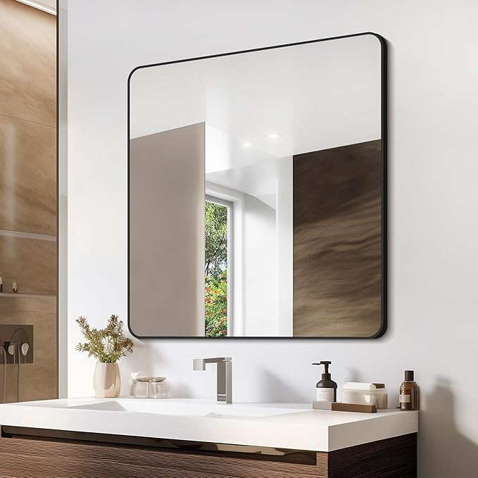 Bathroom Mirror, 36"x36" Black Square Wall Mirror, Metal Frame Rounded Corner Vanity Mirror, Large Wall Mounted Mirror for Modern Bedroom Living Room Horizontal Or Vertical Mounting