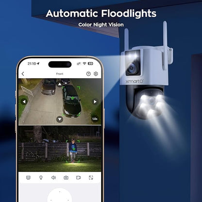 xmartO [Dual-CAM 180+° FOV] 6MP 2-in-1 WiFi Home Security Camera with AI Tracking, Pan Tilt Zoom, 5G Dual Band, Bluetooth Easy Setup (Standalone & Groupable CAM, 2-Pack)