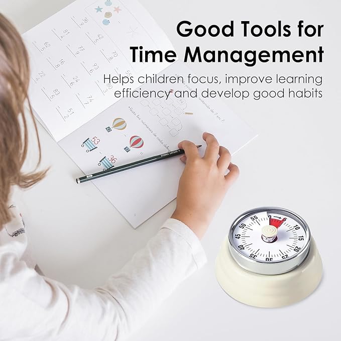 Visual Timer, Teeloray 60-Minute Countdown Timer, Kitchen Timer with Magnetic Base, Mechanical Clockwork, Ringer Alert, Time Management Tool for Children and Adults, Study/Work/Cooking (White)