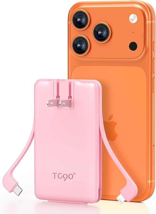 TG90° 5000mAh Portable Charger Built-in AC Wall Plug and Cables, Slim Fast Charging Power Bank, Pocket Size USB C External Battery Pack Compatible with iPhone 17 16 15 14 13 12 Samsung Google iPad