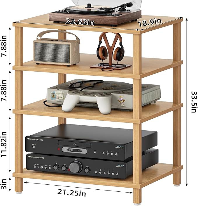 LELELINKY 4-Tier AV Media Player Stand Set of 2, Natural Stereo Cabinet, Wooden TV Stand,Game Console Shelf, Multifunctional Entertainment Center, Suitable for Home, Conference Room, Game Studio