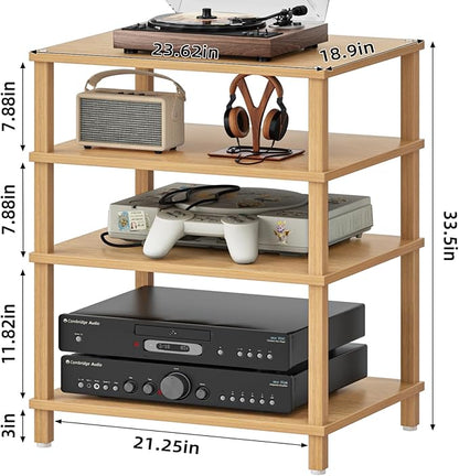 LELELINKY 4-Tier AV Media Player Stand Set of 2, Natural Stereo Cabinet, Wooden TV Stand,Game Console Shelf, Multifunctional Entertainment Center, Suitable for Home, Conference Room, Game Studio