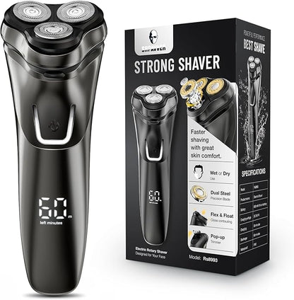 Electric Razor for Men Cordless: Wet/Dry Rotary Shaver Waterproof - USB Fast Charging & Sensitive Skin Care - Pop up Trimmer & Precision Blades Upgraded Gorgeous Black Upgraded