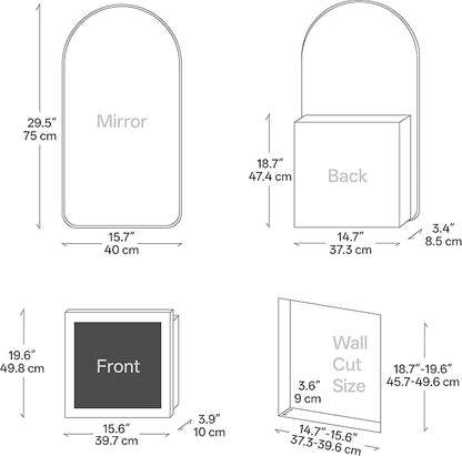LED Arched Bathroom Medicine Cabinet with Mirror, No Assembly Needed, Recessed or Surface Mount Wall Storage Cabinet, Mirror Cabinet with Tissue Slot (Black-LED, 29.5" L x 15.7" W)