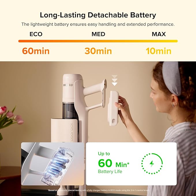 roborock H60 Hub Cordless Stick Vacuum Cleaner with Auto-Empty Dock, 115AW Suction for Carpets and Hard Floors, Vacuum Cleaners with 60-Min Runtime, Anti-Tangle Brush, 140° Green LED Dust Detection