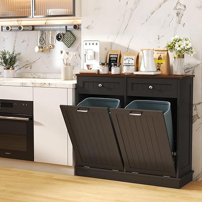 Tilt Out Trash Can Cabinet Dog Proof with Double Wood Hidden Trash Can Holder, Kitchen Free Standing Recycling Cabinet（Black）