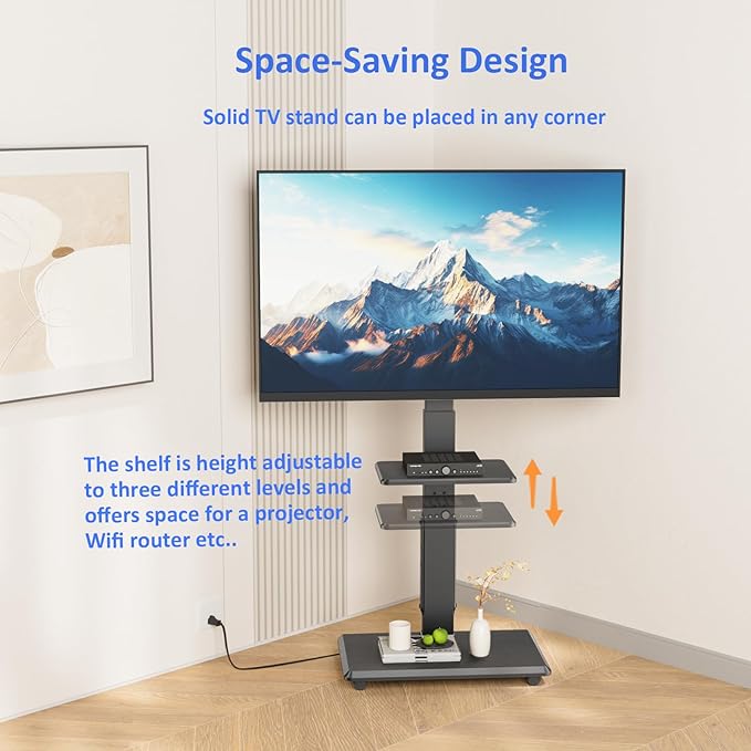 Rolling TV Stand with Power Outlet, Mobile TV Cart for 32-75 Inch TVs up to 110 lbs, 18 Adjustable Heights, Max VESA 600x400mm, TV Floor Stand with Swivel Mount/Shelf/Wheels, Fits for Bedroom, Outdoor