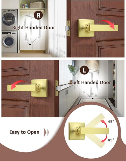Mengico 4 Pack Passage Door Levers Gold Finish, No-Locking Keyless Square Door Knob, Interior Door Handles for Closet and Hallway, Reversible for Left & Right Handed