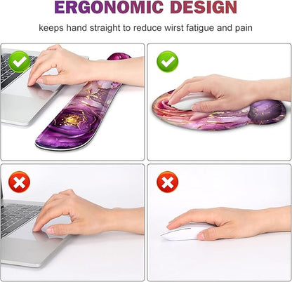 Gaming Mouse Pad, Large Desk Mat, Cute Desk Pad Protector, 4in1 XXL Mousepad + Keyboard Wrist Rest+Mouse Wrist Rest+Coaster Set with Ergonomic Desk Pad for Home Office PC, Marble Rose Purple Flowers