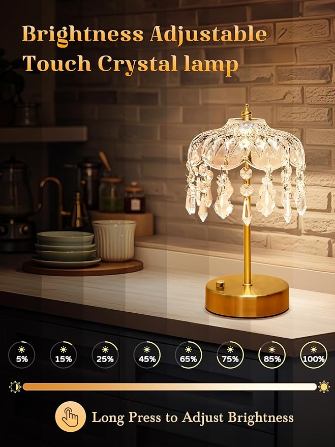 Vintage Lamp, 3 Colors 10 Brightness Crystal Lamp Flower Lamps, 3600mAh Rechargeable Lamps Cordless Lamps Bedroom Kitchen Bathroom, Desk Decor for Women, Valentines Day Gifts Valentines Gifts for Her