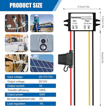 Yancincny DC 24V 36V 48V 60V 72V Step Down to 12V 5A 60W Converter Regulator Reducer Power Supply Module Buck Transformer, Waterproof DC 24V to 12V Converter with Fuse for Golf Cart