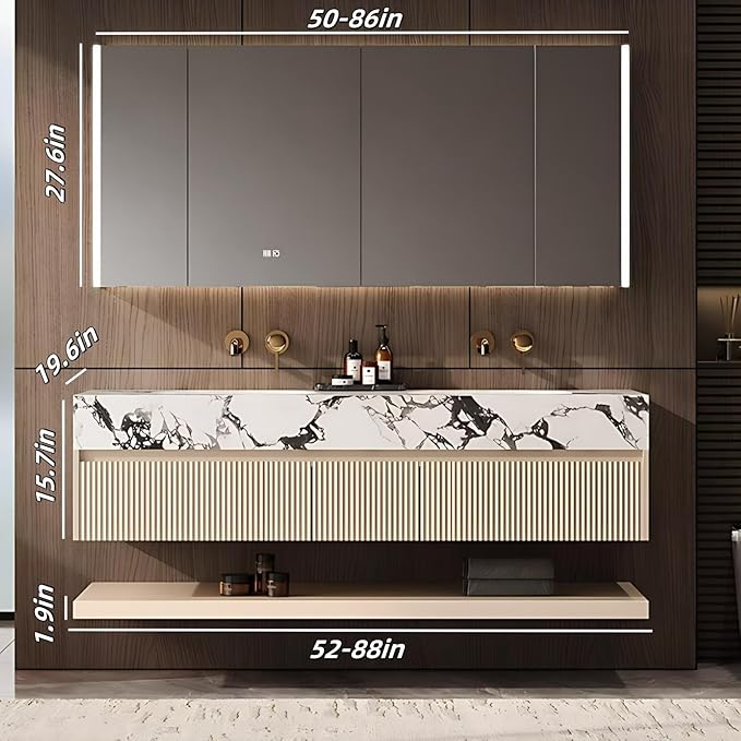 Fashionable Bathroom Vanity with Sink, Smart One-Click Defogging & LED Light, Bathroom Sink and Cabinet with Wave Striped Panel, Rockslab Countertop (Mirror Cabinet, 76IN)