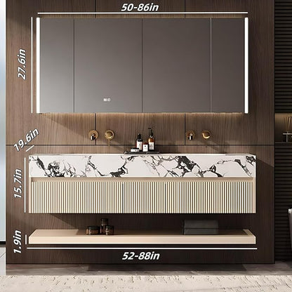 Fashionable Bathroom Vanity with Sink, Smart One-Click Defogging & LED Light, Bathroom Sink and Cabinet with Wave Striped Panel, Rockslab Countertop (Mirror Cabinet, 76IN)