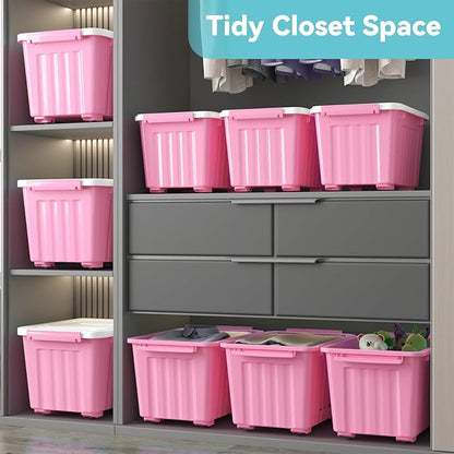 Nazhura Plastic Storage Bin, Stackable and Nestable Storage Boxes with White Lids and Secure Latching Buckles, Large Storage Container (Pink/White, 72Quart-6Pack)