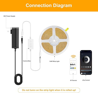 Pandery COB LED Strip Lights Cool White,24V Dimmable led Light Strip KIT with Remote and app Control,6000K 9.84FT/3m 8mmwide Ra>90 Cuttable Flexible Strip Lights for Bedroom,Wardrobe,Cabinet
