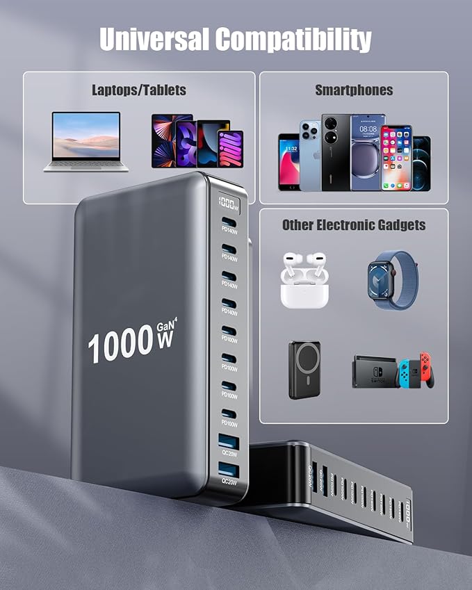 1000W USB C Charger Block,10-Port USB C Charging Station GaN IV Travel Essentials Multiple Port Charging Station,140W Laptop Fast Charger Adapter for MacBook Pro/Air,DELL,iPad,iPhone,Samsung Galaxy