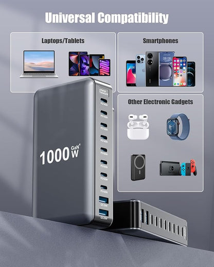 1000W USB C Charger Block,10-Port USB C Charging Station GaN IV Travel Essentials Multiple Port Charging Station,140W Laptop Fast Charger Adapter for MacBook Pro/Air,DELL,iPad,iPhone,Samsung Galaxy
