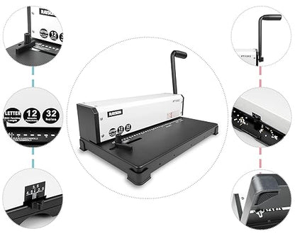 Rayson PT1202 Coil Binding Machine, 3:1 Pitch, 32 Hole Punch for Spiral & Click Binding Spines, Metal Spiral Binder Hole Punch, Punches 12 Sheets at a Time