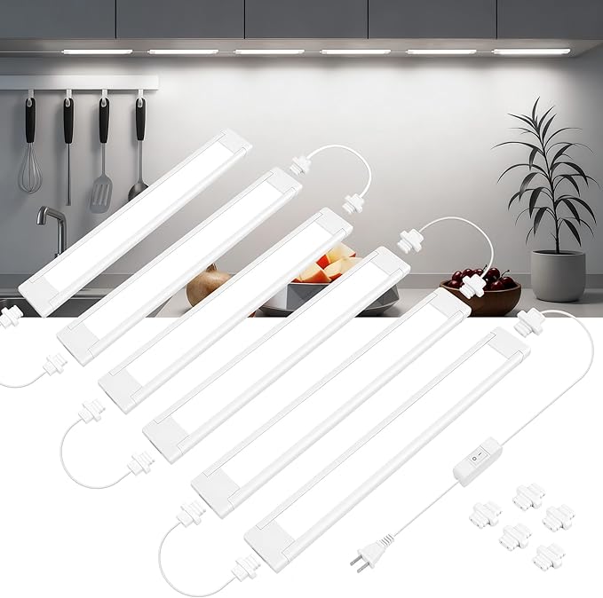 maylit Under Cabinet Lighting Plug in, 6 Pcs 14 Inch Linkable Ultra Bright LED Light Bars, Renter Friendly Lamp, Wired Indoor Lights for Kitchen Cabinet, Counter, Workbench, Desk, Shelf, Cool White