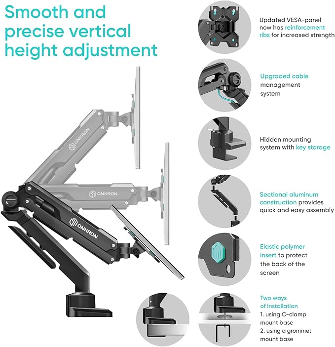ONKRON Single Monitor Desk Mount for 13-34 Inch Screens, Up to 22 lbs, PC Monitor Arm, Gas Spring, 75x75 & 100x100 VESA, Full Motion, Black