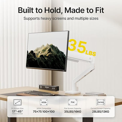 monTEK Single Monitor Arm for Max 45 Inch Ultrawide Screens Adjustable Monitor Desk Mount Holds 35 Lbs Cable Management with C Clamp/Grommet Desk Mount, VESA 75/100mm, MA1007WH