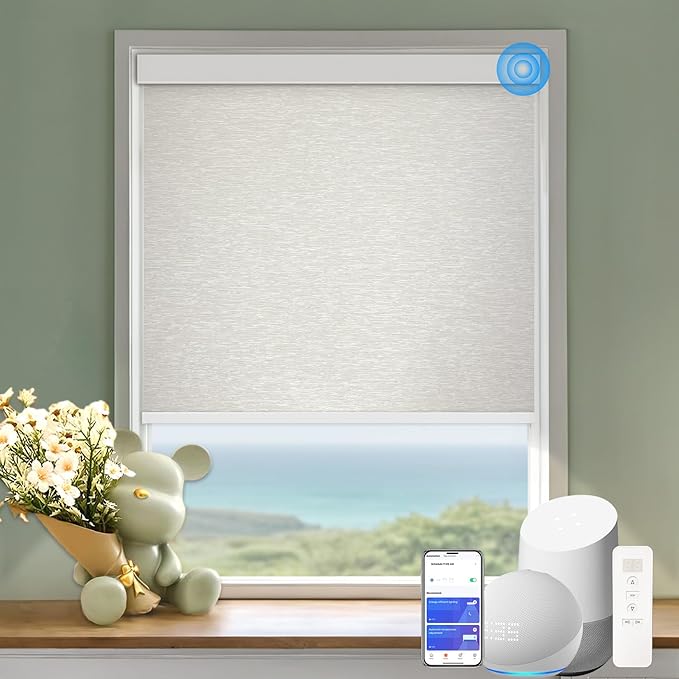 COOLWINDS Motorized Blinds with Remote Cordless Automatic Motorized Shades Custom Blinds for Windows Smart Curtains Compatible with Alexa Google Home(Blackout Jacquard Beige,W29 x H72in)