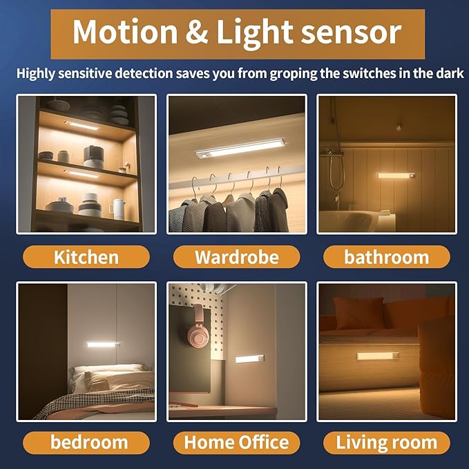 Under Cabinet Lights,88 LED Operated Motion Sensor Light Indoor,2200mAh USB Rechargeable Closet Lights, 2 Pack Magnetic Dimmable Closet Lights，Wireless Under Counter Lights for Kitchen, Stairs