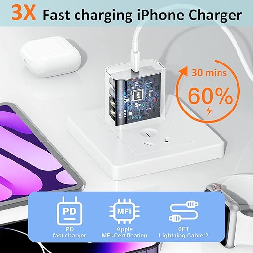 iPhone Fast Charger, iPhone Charger Fast Charging 2Pack PD 6FT Type C Quick USB C to Lightning Cable Cord Fast Charger iPhoneUSB C Wall Block Plug for iPhone14 13 12 11 Pro Max XR XS X, iPad, AirPods