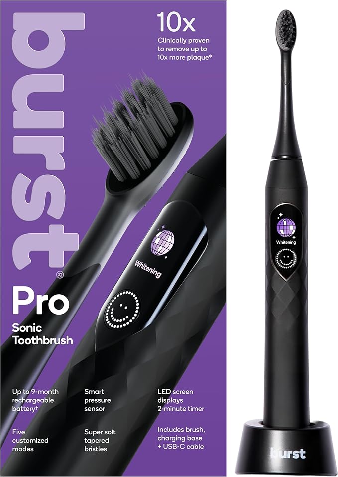 Burst Pro Sonic Advanced Electric Toothbrush for Adults (Black) | Soft Bristles | 33,000 Vibrations | Long-Lasting Battery and Multiple Brushing Modes