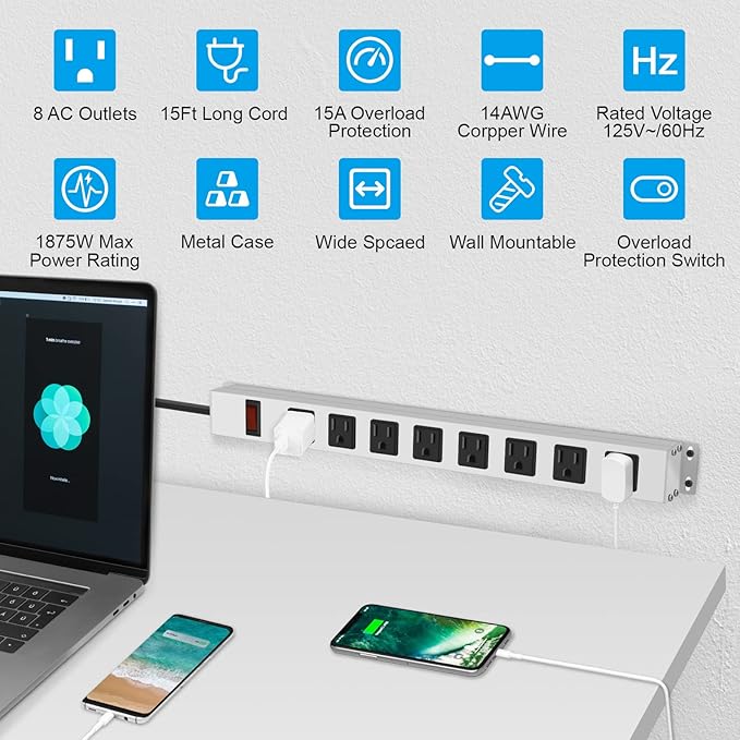 JUNNUJ Metal 8 Outlet Power Strip, Mountable Heavy Duty Power Strip, 1200J Surge Protector Wall Mount Screws Outlet with Switch, Gaming Desk Strips Wide Spaced 15A 125V 1875W, 15 FT 14AWG Power Cord