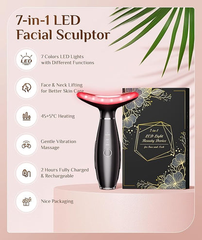 Dopsikn 7 Color Galvanic Machines - Red Light Therapy for Face and Neck, Face Massager Tool for Wrinkles, Double Chin, Vibrating Facial Massager with Thermals, Black