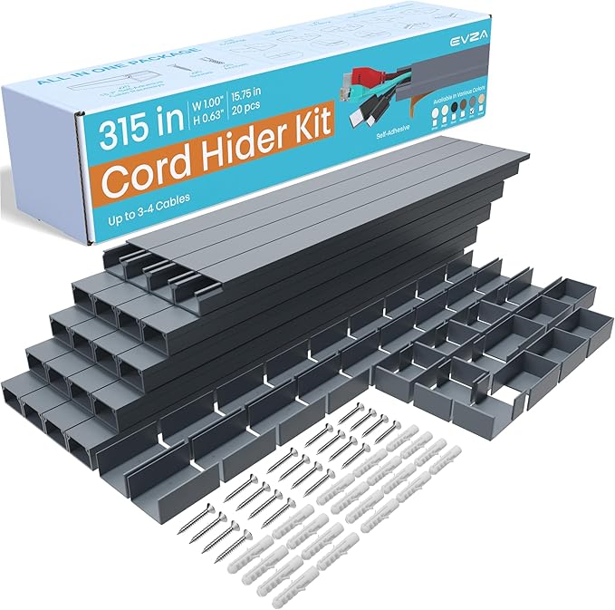 Grey Cable Concealer Wall Kit - 315in Cable Raceway for Extension Cord, Cord Cover Kit for Wall Mounted TV, Gray Wire Management, Decorative Electrical Cable Concealer, Cable Channel, Wire Molding