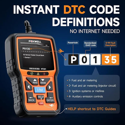 FOXWELL NT301 OBD2 Scanner Live Data Professional Mechanic OBDII Diagnostic Code Reader Tool for Check Engine Light