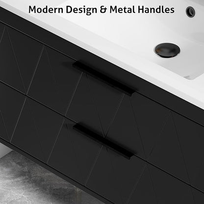 eclife 30" Bathroom Vanities Cabinet with Sink Combo, Wall Mounted Floating Cabinet W/Decor Line, Soft-Close System, 2 Extra Big Drawers, Matte Black Faucet, Black