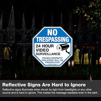 4-Pack No Trespassing Sign Private Property Protected By Video Surveillance Violators Will Be Prosecuted Sign, 10 x 10 Inch Reflective Aluminum, UV Protected, Weather/Fade Resistant, Easy to Install