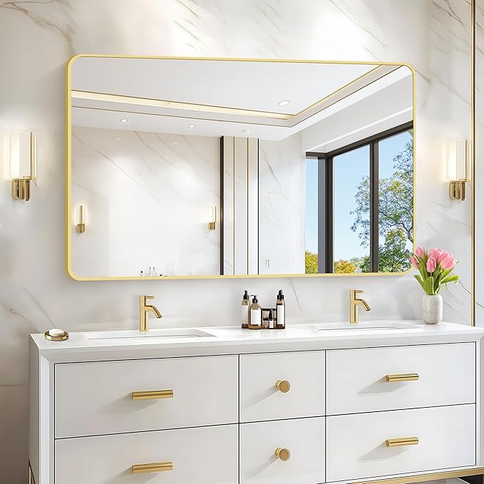55"x36" Gold Bathroom Mirror, Large Rectangle Mirror, Rectangular Wall Mirror, Rounded Corner Vanity Mirror with Aluminum Metal Frame for Bathroom Bedroom Living Room Horizontal/Vertical