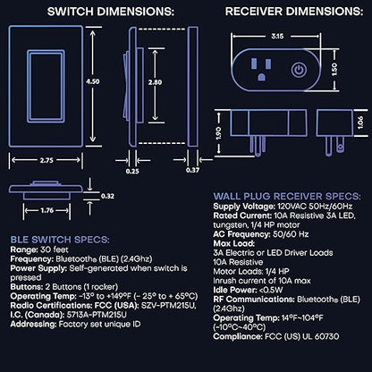 RunLessWire Wall Plug Bluetooth Battery-Free Wireless Light Switch Kit 30ft BLE Range Self-Powered by Kinetic Energy for Easy Control of Outlets: 1 Remote Switch Controls 1 Plug-in Receiver - White