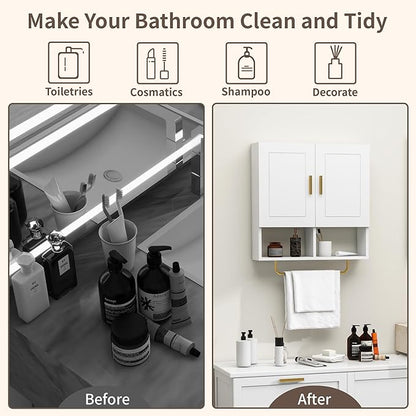 Wall Mounted Bathroom Storage Cabinet Medicine Cabinet with Adjustable Shelves & Towel Bar for Bathroom, Laundry Room, Bedroom, Enterway