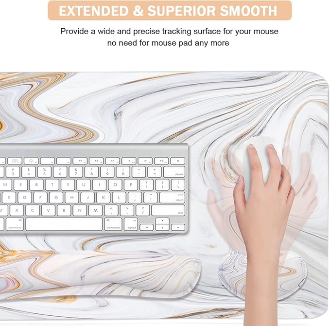 4-in-1 Large Gaming Mouse Pad, Keyboard Wrist Rest Pad & Wrist Support Mousepad Set, Extended Desk Pad Waterproof Desk Mat for Home Office Study Game - White Marble