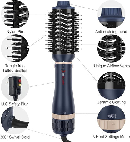 Hair Dryer Brush Set, IG INGLAM 4 in 1 Blowout Brush, Negative Ion Detachable Hair Dryer & Styler Volumizer Hot Air Hair Dryer Brush with 2 Styling Brush Heads, Prussian Blue