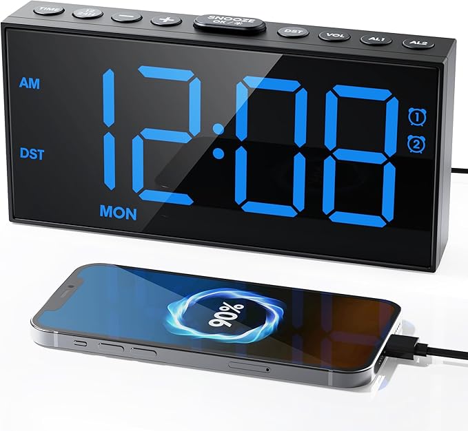 Digital Alarm Clock for Bedroom Heavy Sleepers,7.5''Large Display,2 Alarms,Weekday/Weekend,Electric Bedside Desk Clock,Adjustable Volume,Dual Charging Ports,Snooze,Dimmer,Memory Function,12/24H &DST